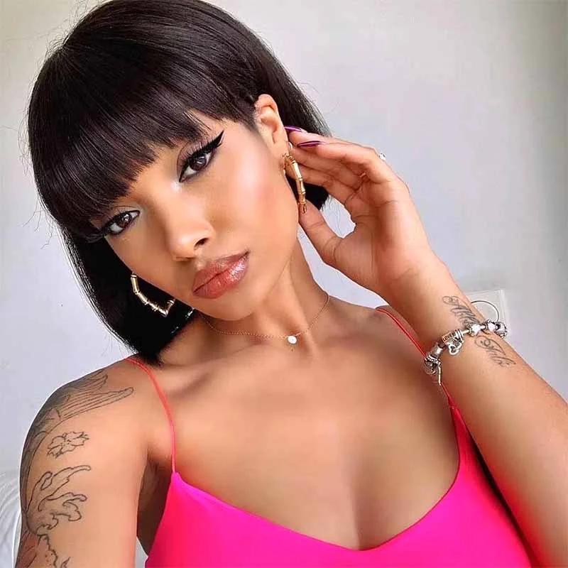 real person hair ring social media-Brazilian human hair short bob wigs with bangs for African American Surprisehair