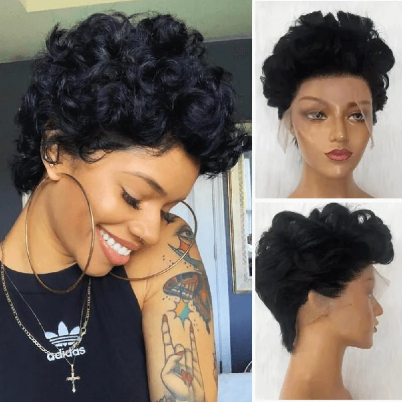 real person hair ring easter-Human Hair Short Pixie Cut Wigs for African American 13x6 Lace Frontal