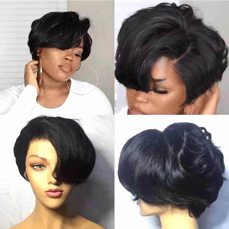 real person hair ring sun-Short lace frontal pixie cut wig human hair for African American