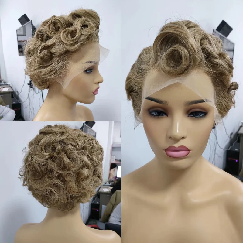 real person hair ring single-Light Brown Pixie Cut Wig Human Hair Lace Frontal Wig for Black Women