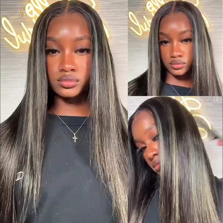 real person hair ring refund-Long Highlight  Light Blue Straight Human Hair Glueless Lace Front Wigs Fashion Color Lace Wig- Amanda Hair