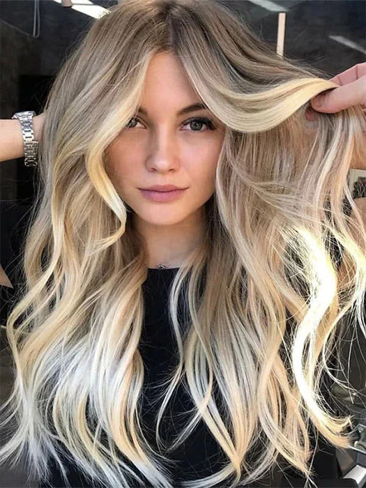 Synthetic wigs for photo shoots-Long Wavy Ombre Blonde Synthetic Lace Front Wigs