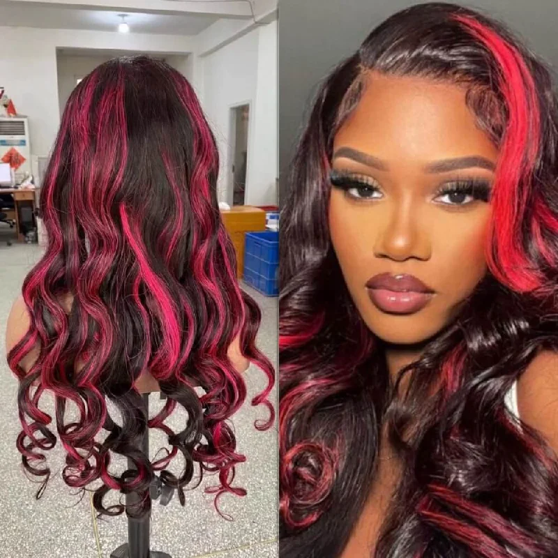 real person hair ring artisan-Loose Wave Lace Frontal Wig with Pink Highlight Human Hair  for African American