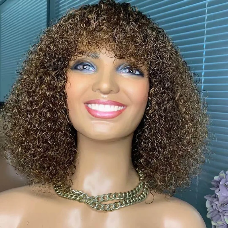 real person hair ring charming-Middle length Brown Curly Wig With Bangs Human Hair Kinky Curl  For Women