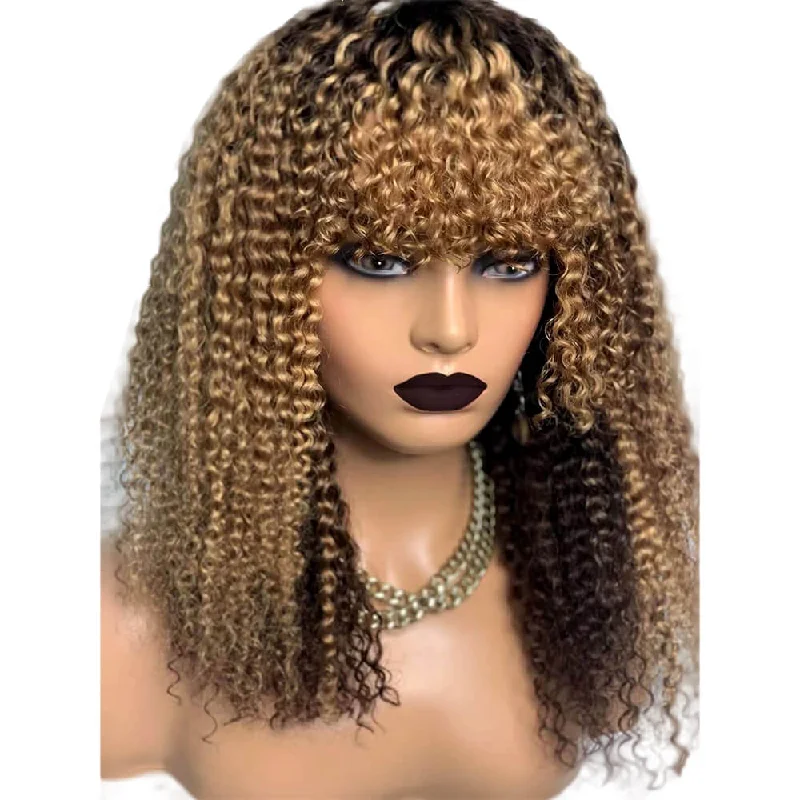 real person hair ring whimsical-Ombre Curly Wig With Bangs Human Hair Kinky Curl Wig For African American