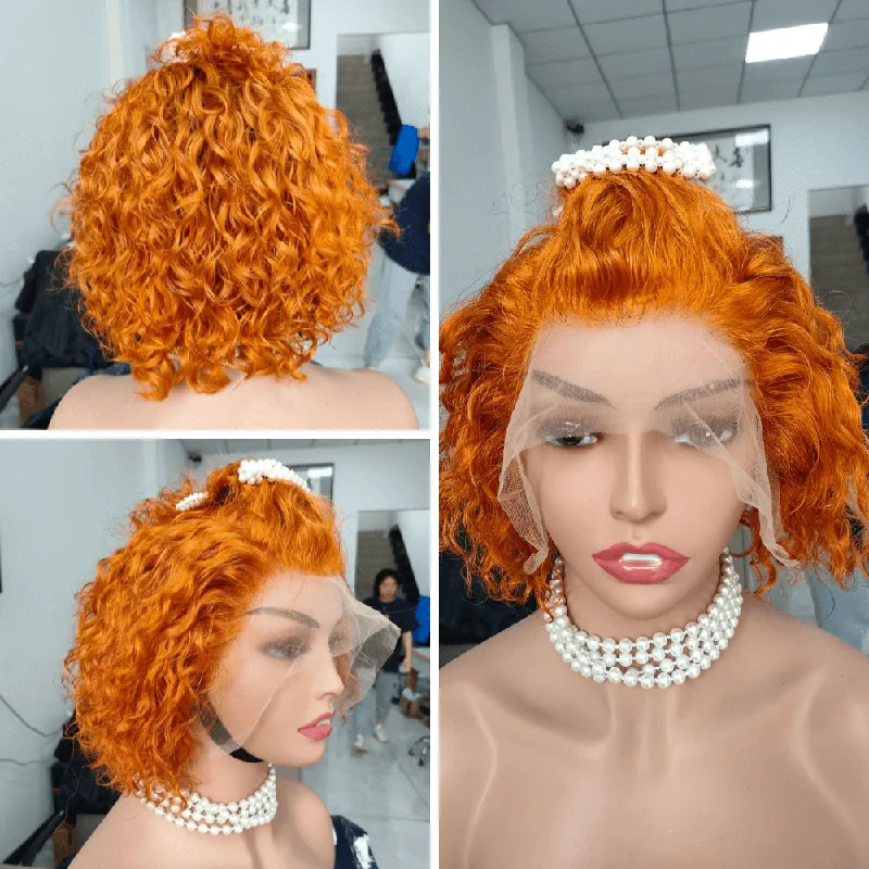 real person hair ring pearl-Orange Color Curly Bob Human Hair Lace Wig 13x4 for African American