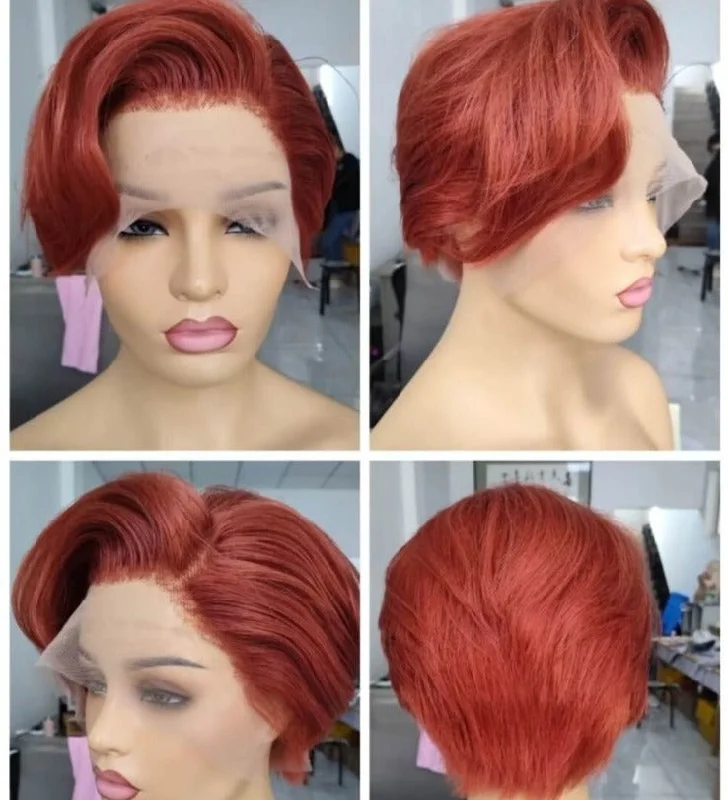 real person hair ring showcase-Orange Color Pixie Cut Lace Frontal Wig  Human Hair for African American