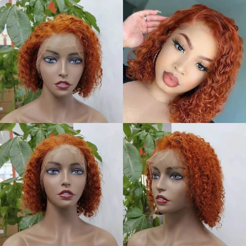 real person hair ring affordable-Orange Color Short Curly Bob Wig Human Hair Lace Front for African American