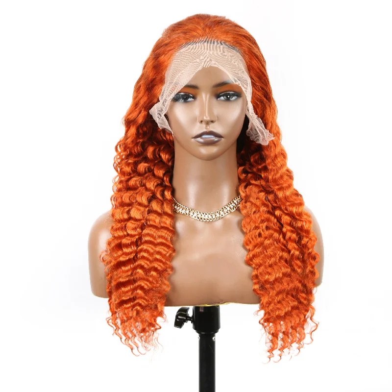 real person hair ring manufacturer-Orange Colored Deep Wave Colored Hair Lace Wig Brazilian Human Hair Wigs