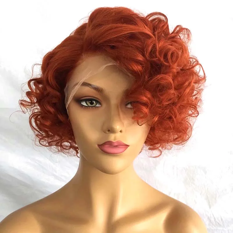 real person hair ring step-by-step-Orange Short Curly Wig Brazilian Human Hair Bob 180% Density