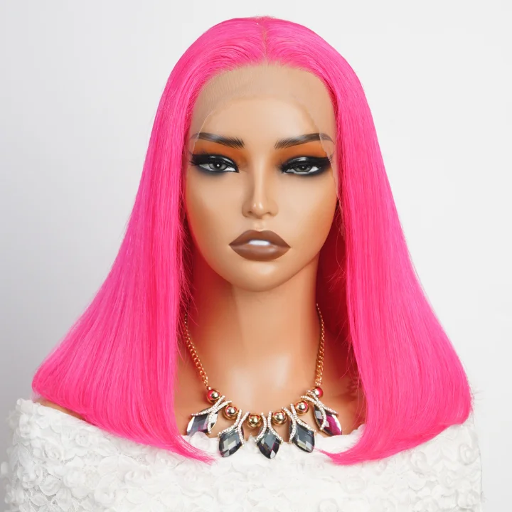 real person hair ring facebook-Peach Red Straight Human Hair Pink Bob Color Lace Front /Closure Wig -Amanda Hair