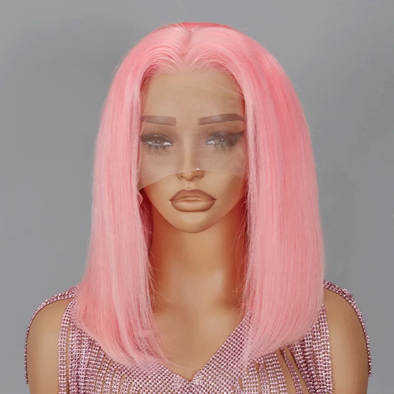 real person hair ring natural-13x4 Bob Wig Pink Color Lace Frontal Human Hair