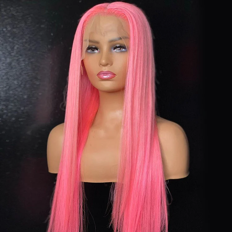 real person hair ring adjustable-Pink Colored Hair 180% Density Lace Front Wig Straight Colored Human Hair Wigs