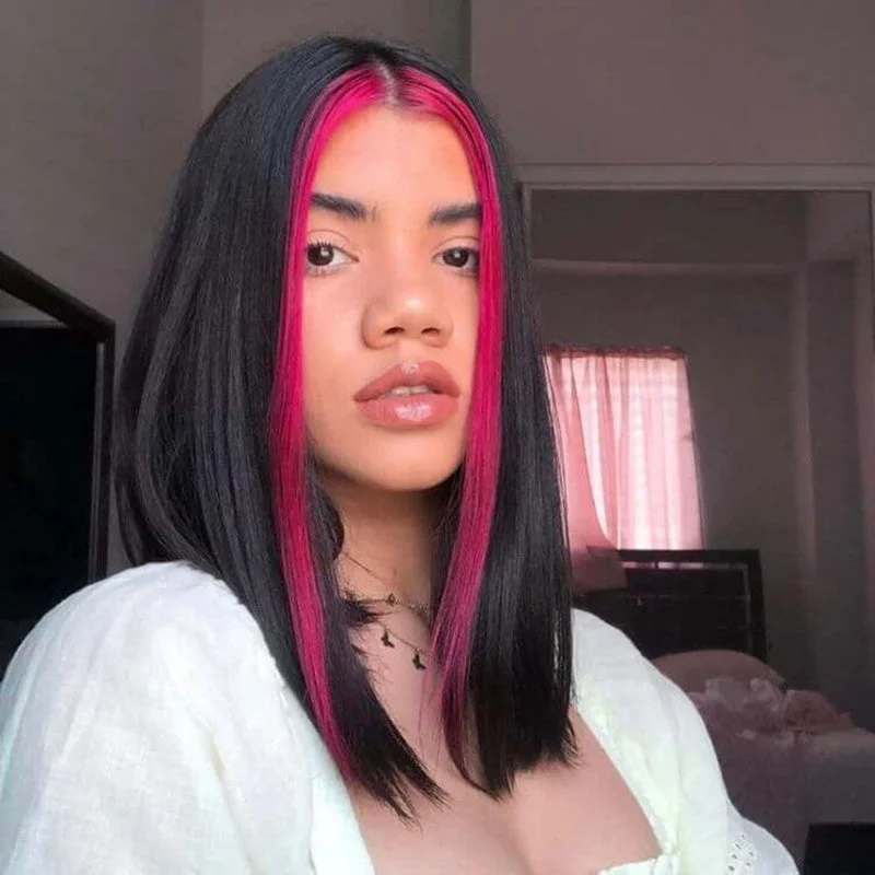 real person hair ring sale online-Pink Highlight BOB Lace Wig Human Hair 13x6 Lace Front Short Wig