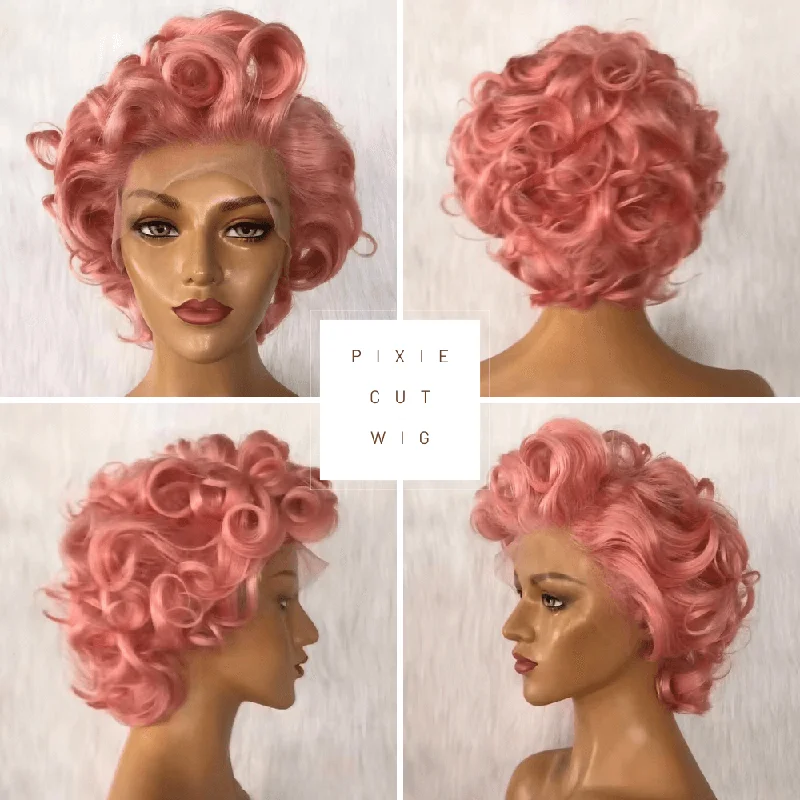 real person hair ring gold-Pink Human Hair Pixie Cut Wig Lace Frontal 13x6 for African American