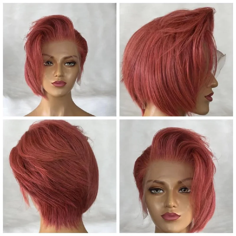 real person hair ring custom name-Pink Straight Pixie Cut Lace Wig  Human Hair for African American