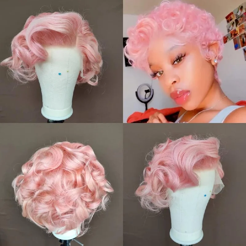 real person hair ring online-Pink Wave Pixie Cut Wig Human Hair Lace Front for Black Women