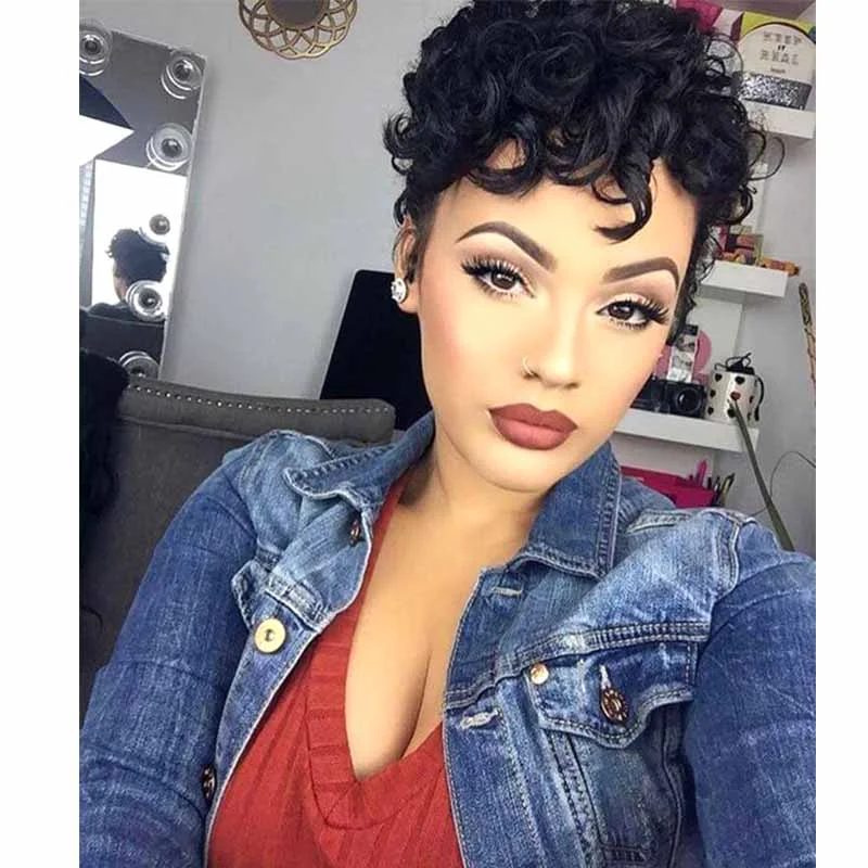 real person hair ring animal-Pixie cut curly full lace wig human hair for African American Surprisehair