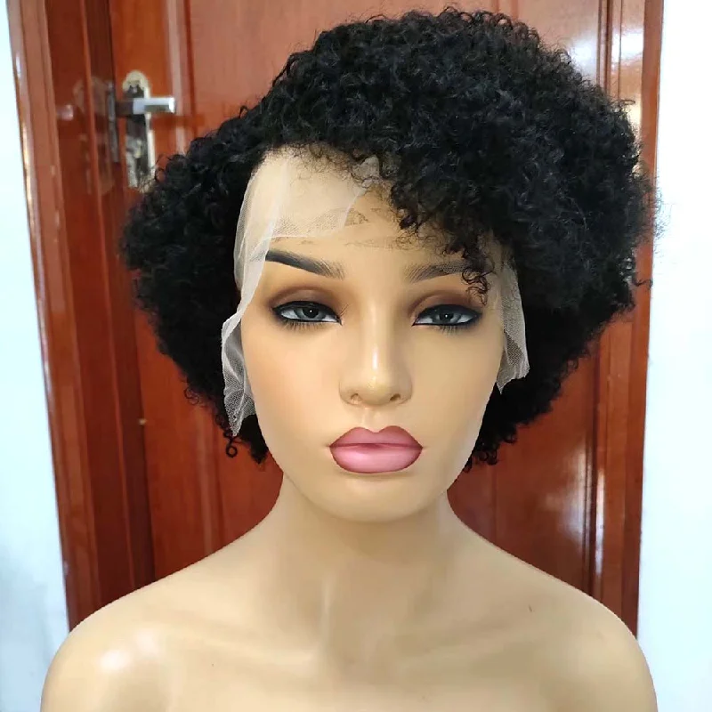 real person hair ring luxury-Afro Kinky Pixie Cut Lace Wig 13x4 Human Hair for African American