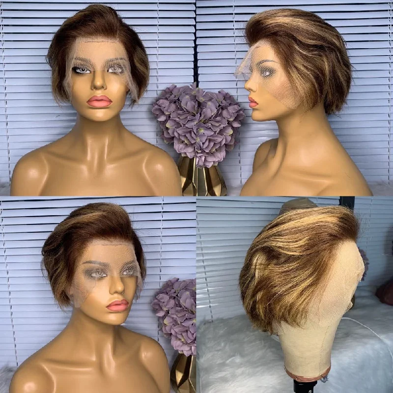 real person hair ring instagram-Pixie Cut Highlighted Wig Human Hair Lace Wig For African American