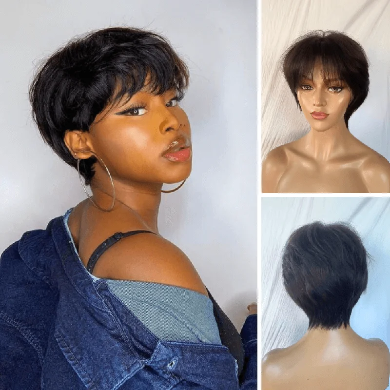 real person hair ring engagement-Pixie Cut Wig with Bangs 100% Human Hair Lace Front for African American