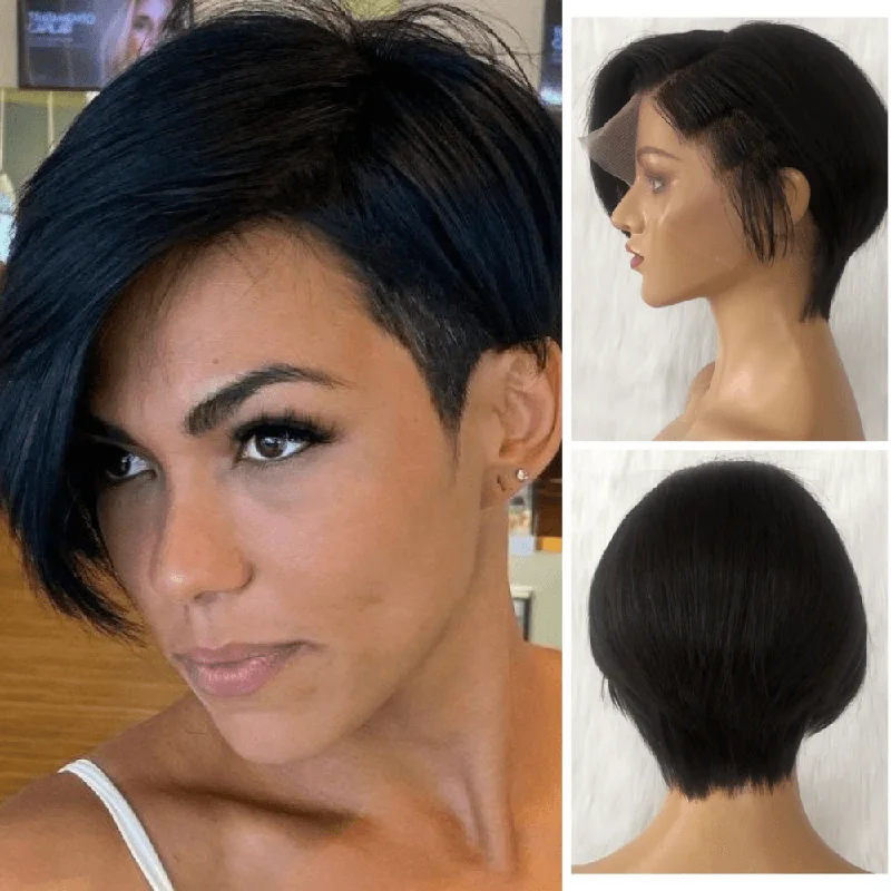 real person hair ring bulk-Pixie Cut Wig with Frontal Human Hair Side Part Bangs for African American