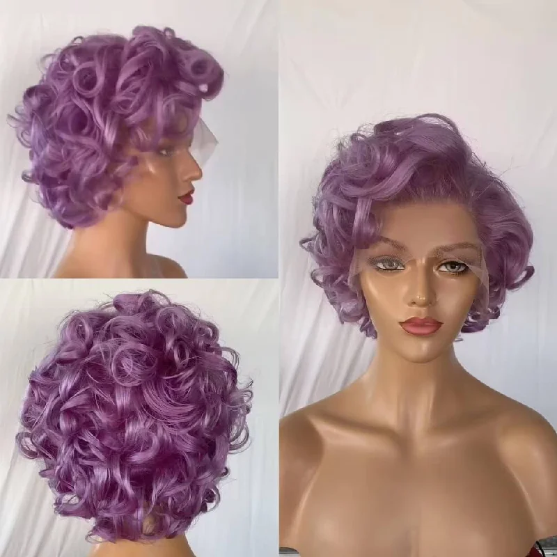 real person hair ring quote-Purple Curly Pixie Cut Lace Wig Short Human Hair for Black Women