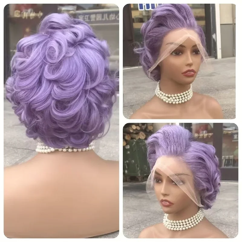 real person hair ring keepsake-Purple Human Hair Pixie Cut Wig Lace Frontal 13x6 for African American