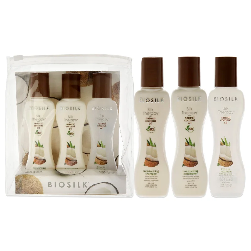 Hair spray-BioSilk Silk Therapy With Natural Coconut Oil Set by Biosilk for Unisex - 3 Pc 2.26oz Moisturizing Shampoo, 2.26oz Moisturizing Conditioner, 2.26oz Leave-In Treatment