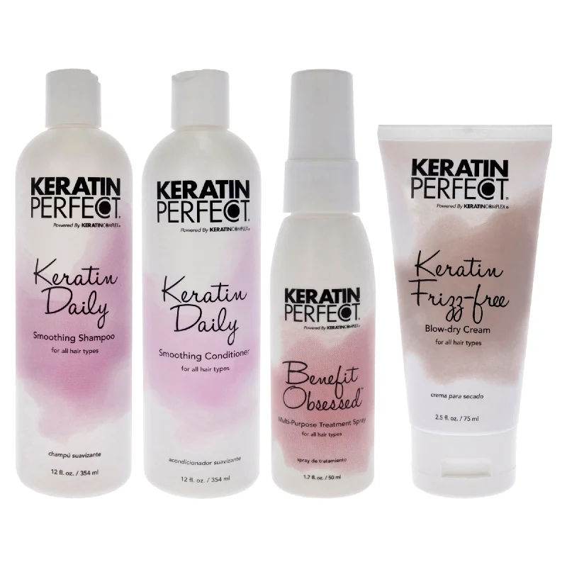 Edge control gel-Keratin Perfect Keratin Daily Kit by Keratin Perfect for Unisex - 4 Pc Kit 12oz Shampoo, 12oz Conditioner, 2.5oz Frizz-Free Bow Dry Cream, 1.7oz Benefit Obsessed Treatment Spray