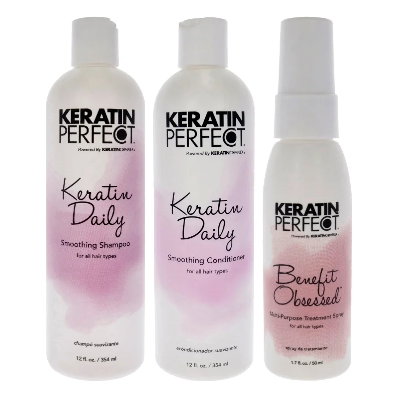 Hair gloss-Keratin Perfect Keratin Daily Kit by Keratin Perfect for Unisex - 3Pc Kit 12oz Shampoo, 12oz Conditioner, 1.7oz Benefit Obsessed Treatment Spray