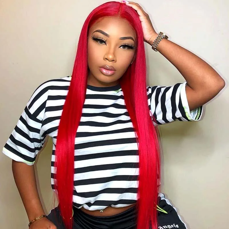 real person hair ring men-New #RED Color 13x4 Lace Frontal Wig Straight Human Hair Surprisehair