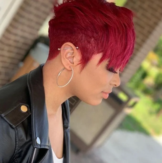 real person hair ring influencer-Red Color Straight Pixie Cut Lace Wig  Human Hair for African American