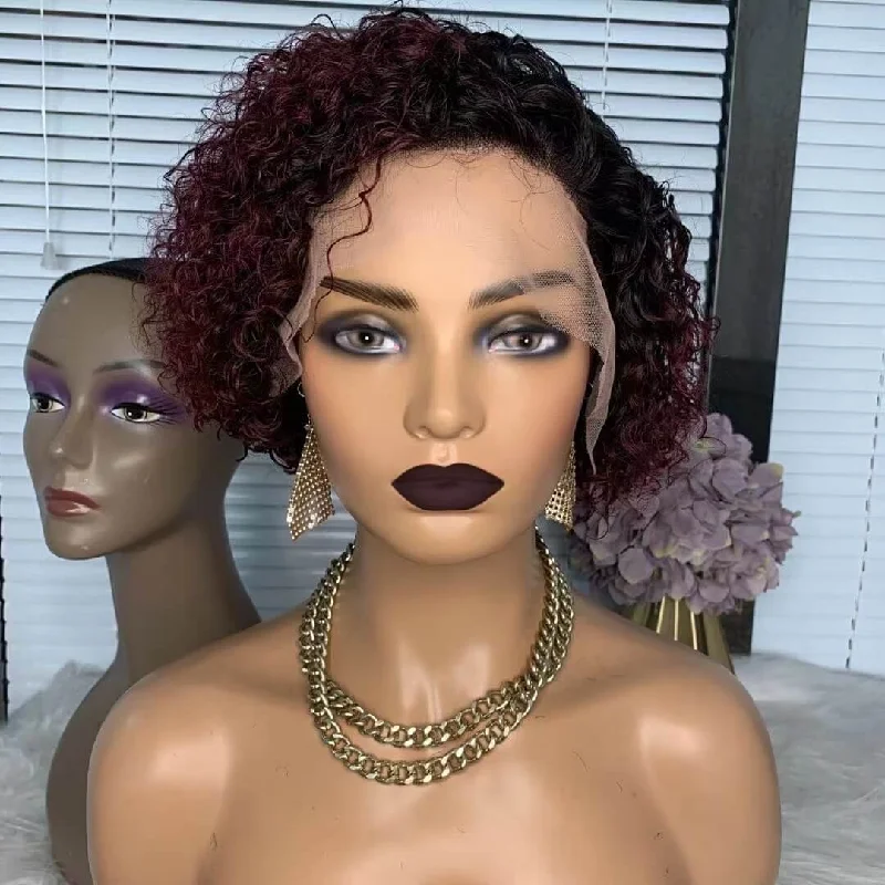 real person hair ring replica-Red Ombre Curly Bob Wig Side Part Human Hair Wig For African American