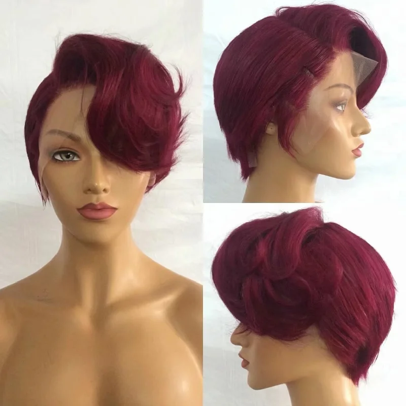 real person hair ring best deal-Short Red Pixie Cut Wig  Lace frontal Human Hair 150% Density