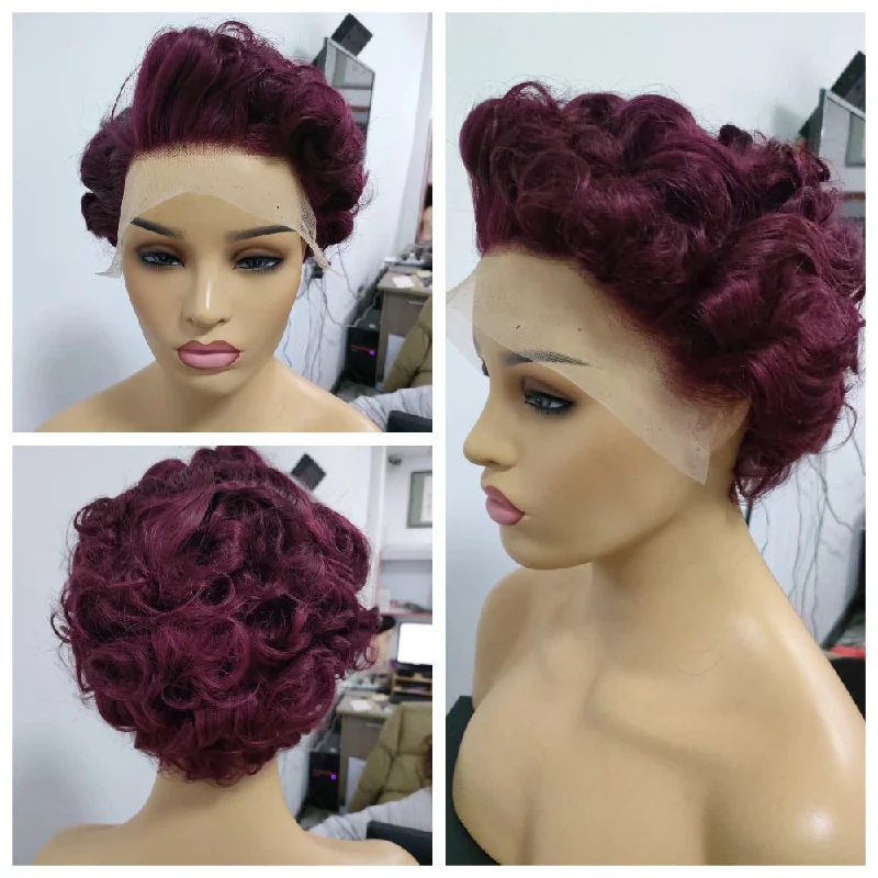 real person hair ring texture-Red Short Pixie Cut Wigs Human Hair Lace frontal wig for Black Women