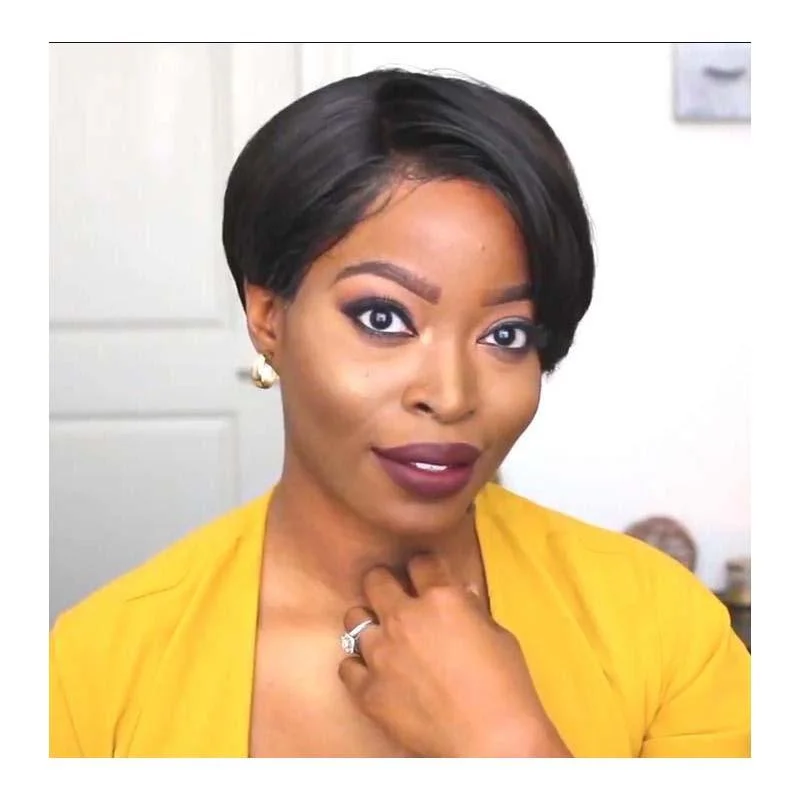 real person hair ring article-Short Pixie Cut Wig Wave Human Hair 13x6 Lace Wig for Black Women