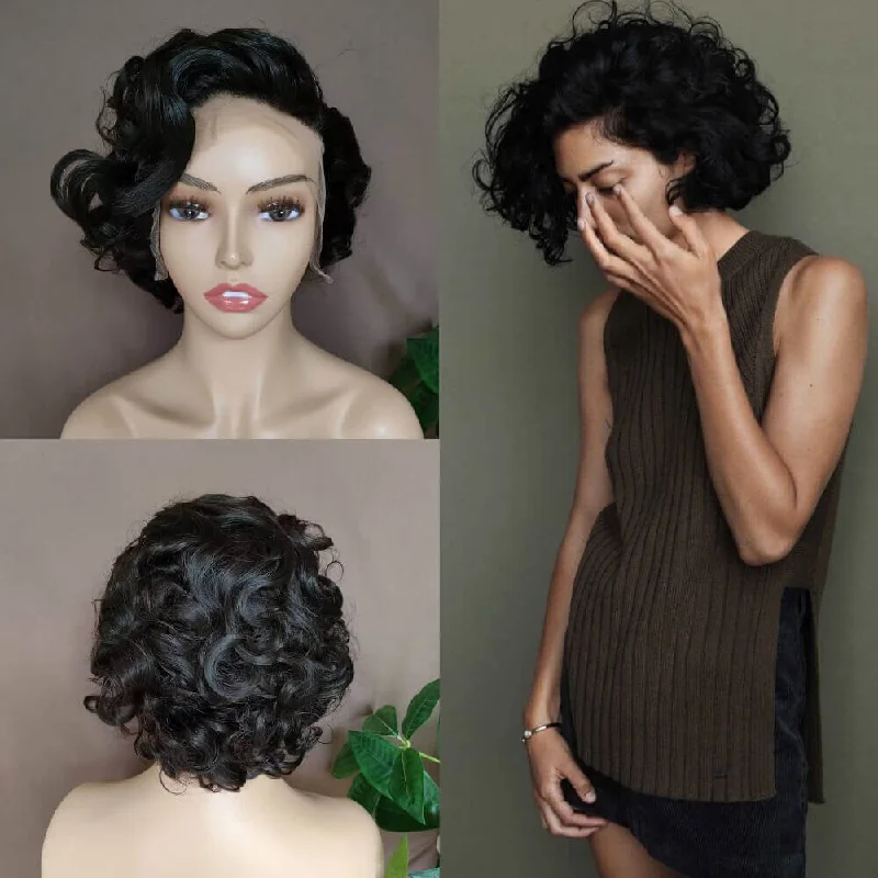 real person hair ring sustainable-Short Black Wave Human Hair Wig Lace Frontal Pixie Cut Wig