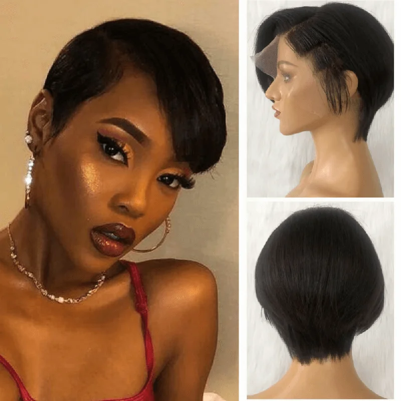 real person hair ring sister-Short Bob Straight Pixie Cut Wig Human Hair 13x4 Lace for Black Women