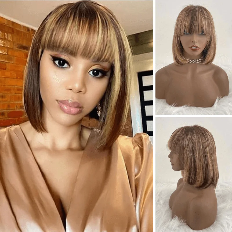 real person hair ring subscription-Short Brown Highlight Bob Wig with Bangs Human Hair Lace Frontal for African American