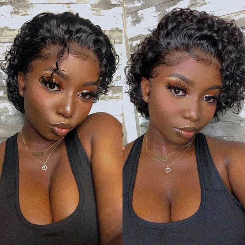 real person hair ring coiled-Pixie Cut Wig Short Curly Human Hair Transparent Lace Wig for Black Women