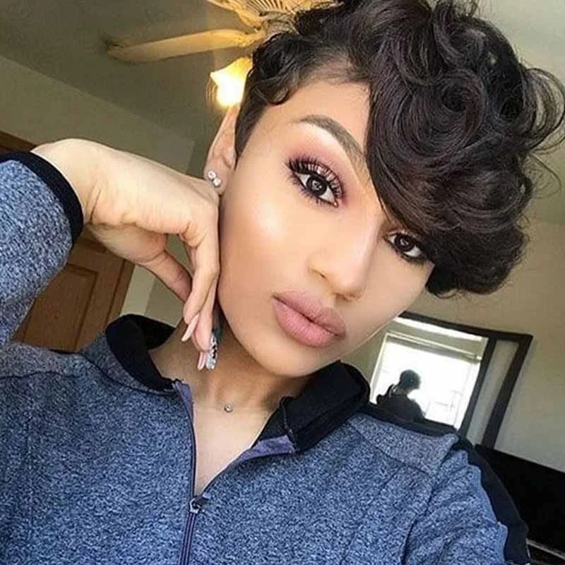 real person hair ring guaranteed-Short curly Pixie Cut Lace Wig Brazilian Human Hair Natural Black