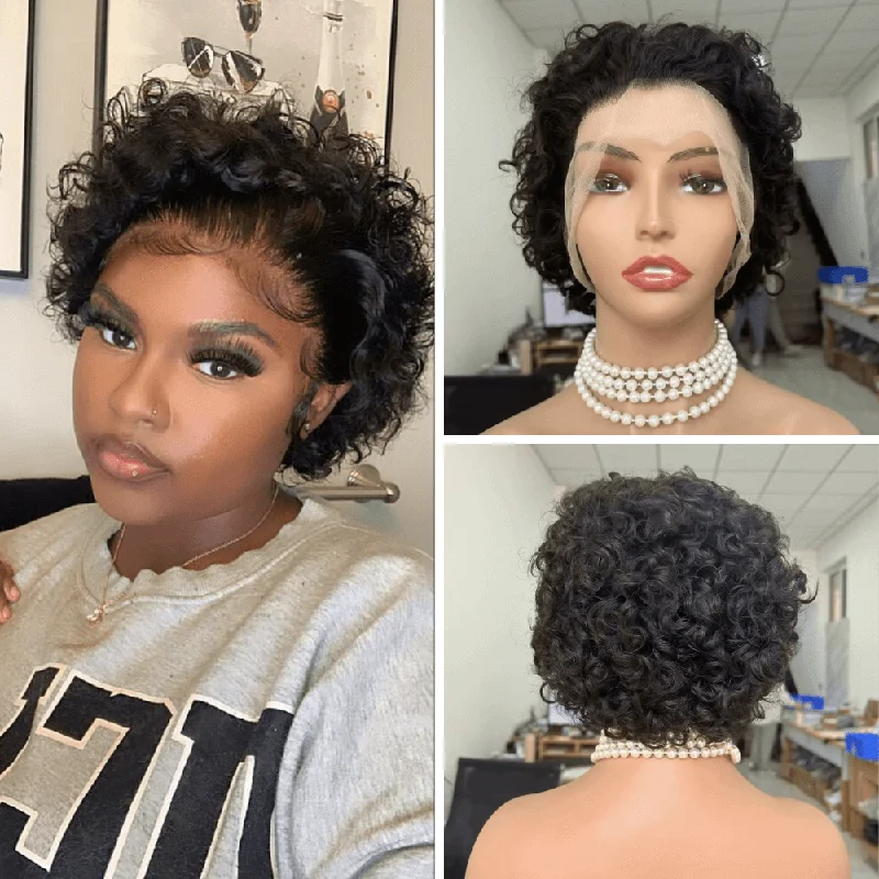 real person hair ring ethical-Short Curly Pixie Human Hair Wigs Lace Frontal for Black Women