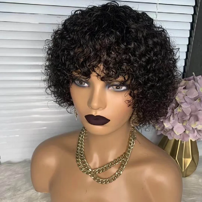 real person hair ring conditions-Short Curly Wig With Bangs Human Hair Kinky Curl Wig For African American