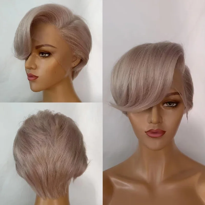 real person hair ring ruby-Short Gray Straight Pixie Cut Lace Wig Human Hair for African American