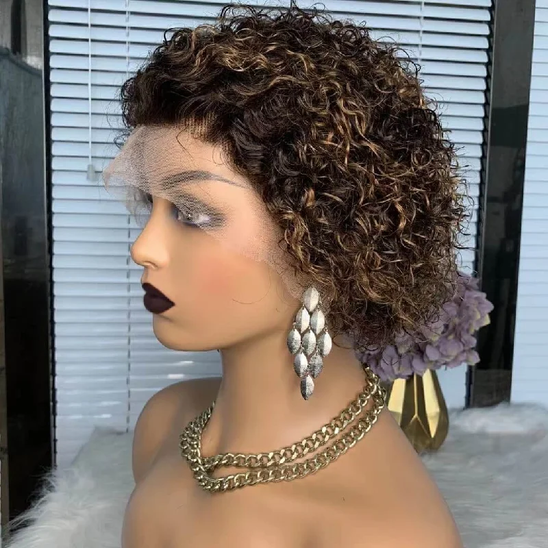 real person hair ring experimental-Short highlight Curly Wig With Bangs Human Hair Kinky Curl Wig For Women