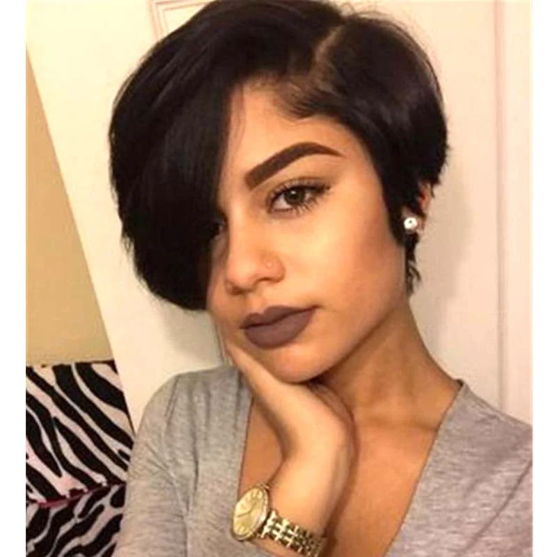 real person hair ring sold out-Short Human Hair Pixie Cut Wig Wave Lace Frontal for African American