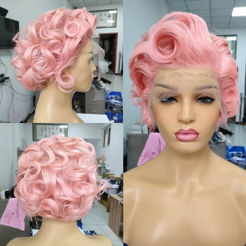 real person hair ring shop-Short Pink Curly Pixie Cut Wig Human Hair Lace Front for Black Women