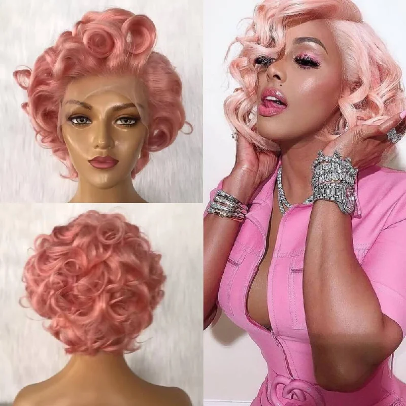 real person hair ring delicate-Short Pink Loose Wave Pixie Cut Wig Human Hair Lace Front for Women