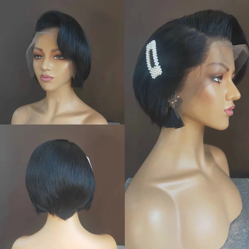 real person hair ring logo-Short Pixie Cut Bob Wig Human hair Lace Frontal Wig  for African American